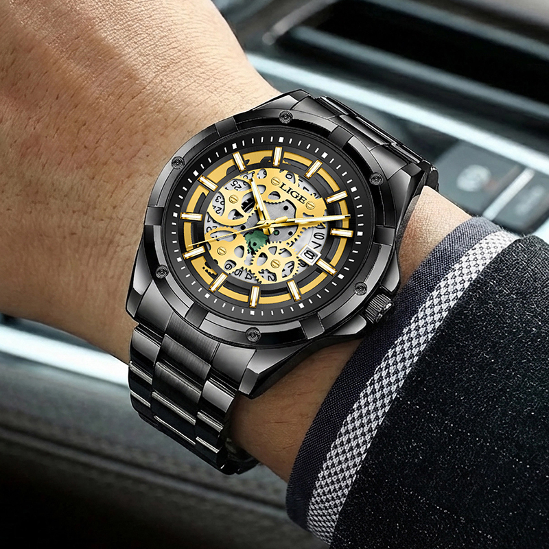 LIGE Luxury Skeleton Men’s Watch – Black & Gold - Image 5