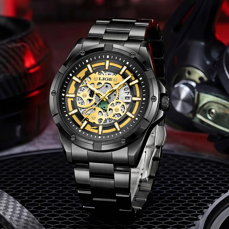 LIGE Luxury Skeleton Men’s Watch – Black & Gold