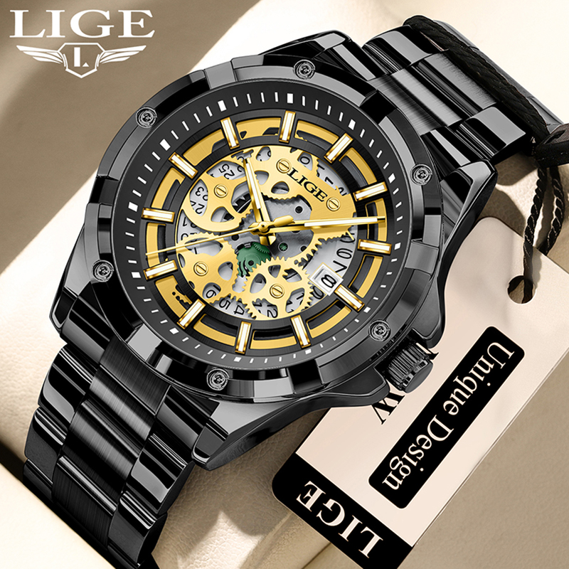 LIGE Luxury Skeleton Men’s Watch – Black & Gold - Image 4