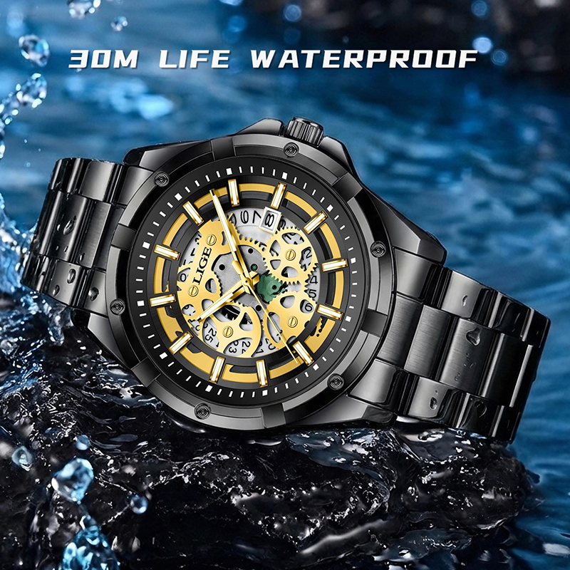 LIGE Luxury Skeleton Men’s Watch – Black & Gold - Image 3