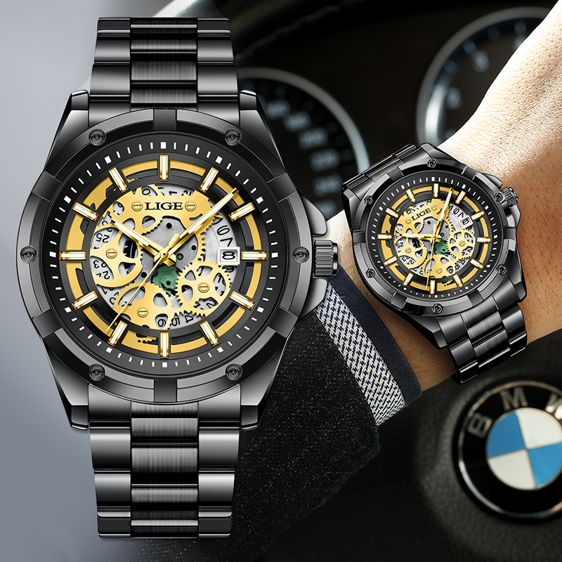 LIGE Luxury Skeleton Men’s Watch – Black & Gold - Image 2
